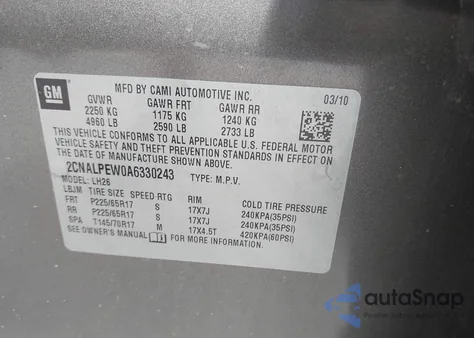 2010 Chevrolet Equinox Lt из США, поврежденный, VIN 2CNALPEW0A6330243